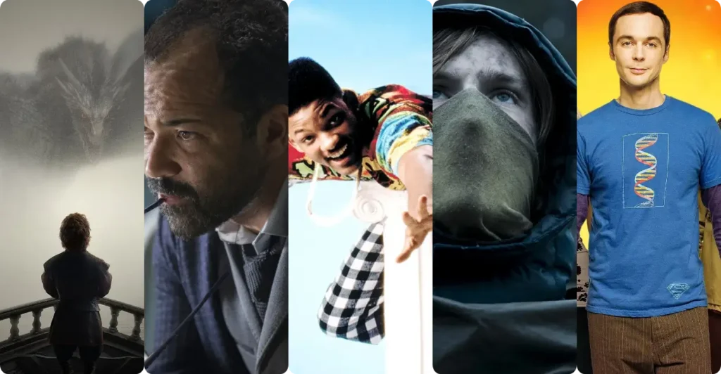 Montagem com personagens de séries icônicas representando diferentes universos: Tyrion Lannister (Game of Thrones), Bernard Lowe (Westworld), Will Smith (Um Maluco no Pedaço), Jonas Kahnwald (Dark) e Sheldon Cooper (The Big Bang Theory), destacando 5 teorias intrigantes sobre séries populares da TV.