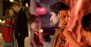 Montagem com cenas dos filmes Questão de Tempo (2013), Namorado Contratado (2025) e Palm Springs (2020), representando comédias românticas modernas com casais apaixonados em diferentes situações.
