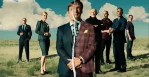 Elenco principal de Better Call Saul, com Saul Goodman ao centro em traje dividido, simbolizando sua transformação entre advogado e vigarista, ao lado de personagens de Breaking Bad, sob um céu dramático no deserto.