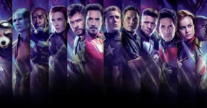 Montagem promocional do Universo Cinematográfico da Marvel (MCU) com os Vingadores principais: Rocket (Bradley Cooper, voz), Nebulosa (Karen Gillan), Máquina de Combate (Don Cheadle), Viúva Negra (Scarlett Johansson), Thor (Chris Hemsworth), Homem de Ferro (Robert Downey Jr.), Capitão América (Chris Evans), Bruce Banner/Hulk (Mark Ruffalo), Gavião Arqueiro (Jeremy Renner), Homem-Formiga (Paul Rudd), Capitã Marvel (Brie Larson) e Okoye (Danai Gurira), em visual épico de Vingadores: Ultimato (2019).