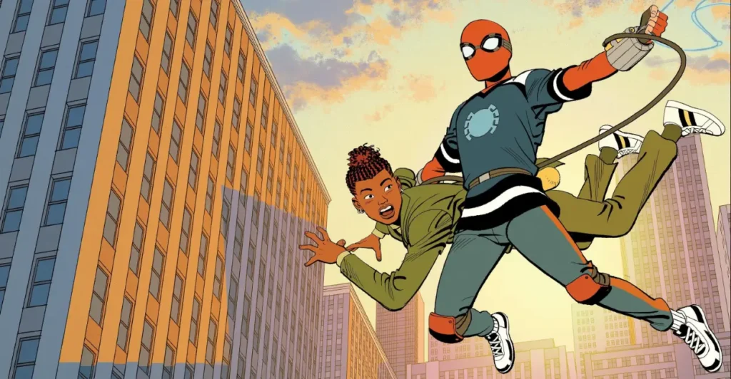 Ilustração promocional de Seu Amigão da Vizinhança: Homem-Aranha (2025), mostrando o Homem-Aranha com um traje alternativo salvando uma jovem durante um balanço pelos prédios de Nova York — arte estilizada com visual de quadrinhos, destacando o tom juvenil e urbano da nova animação do Universo Marvel.
