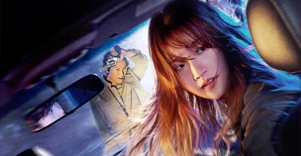 Pôster do filme sul-coreano Special Delivery (2022), com Jang Eun-ha (interpretada por Park So-dam) ao volante em alta tensão, enquanto é perseguida por um homem armado, evidenciando a ação acelerada e os perigos da missão em um thriller eletrizante.