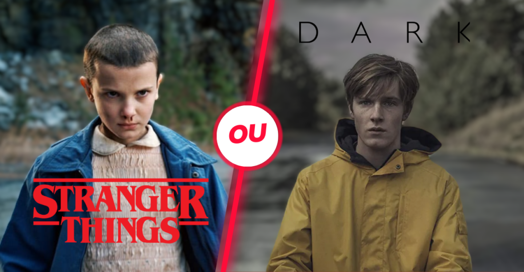 Montagem comparativa entre as séries Stranger Things e Dark, com Eleven de um lado, encarando com expressão séria, e Jonas do outro, usando sua icônica capa amarela, sob um céu nublado. Ao centro, o texto 'ou' separa os dois universos.