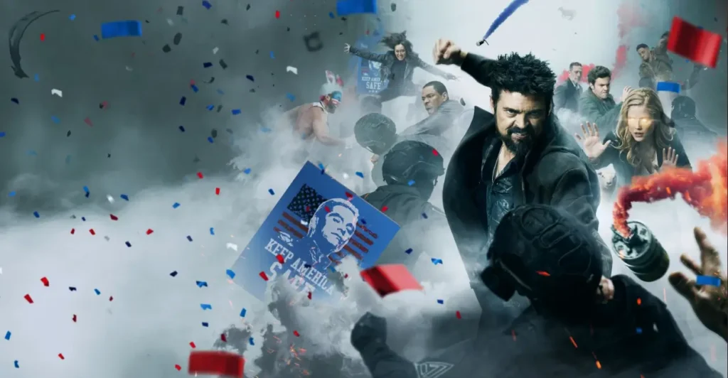 Pôster promocional da série The Boys (2019–atualmente), com Billy Butcher (Karl Urban) liderando o grupo em meio a uma batalha caótica, acompanhado por Kimiko (Karen Fukuhara), Mother's Milk (Laz Alonso), Hughie (Jack Quaid), e Annie/Starlight (Erin Moriarty), simbolizando a luta contra os super-heróis corruptos em clima de tensão e rebelião.