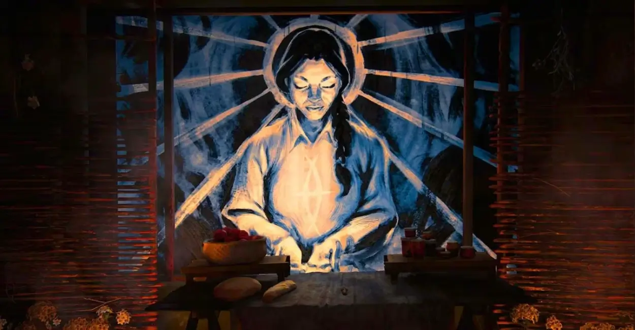 Pintura religiosa dos Serafitas retratando uma mulher com semblante sereno e auréola, em um altar com pães e frutas, no universo da série The Last of Us.