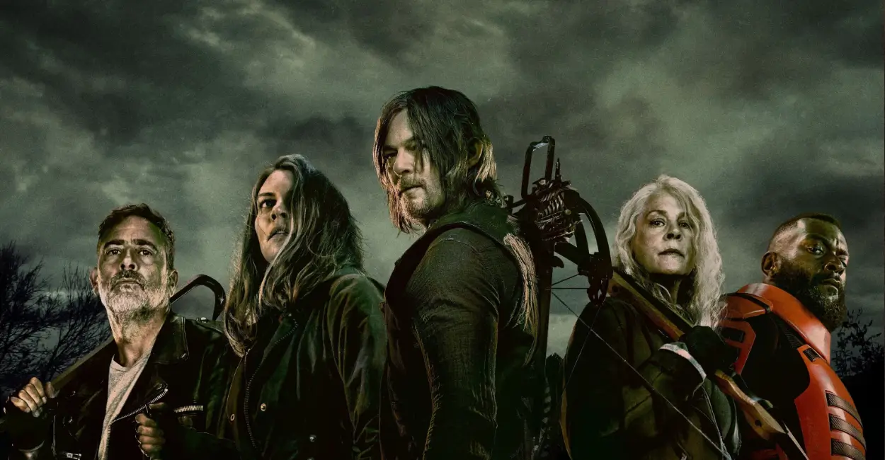 Personagens principais de The Walking Dead em uma pose de resistência contra o apocalipse zumbi, com céu nublado ao fundo e expressões determinadas.