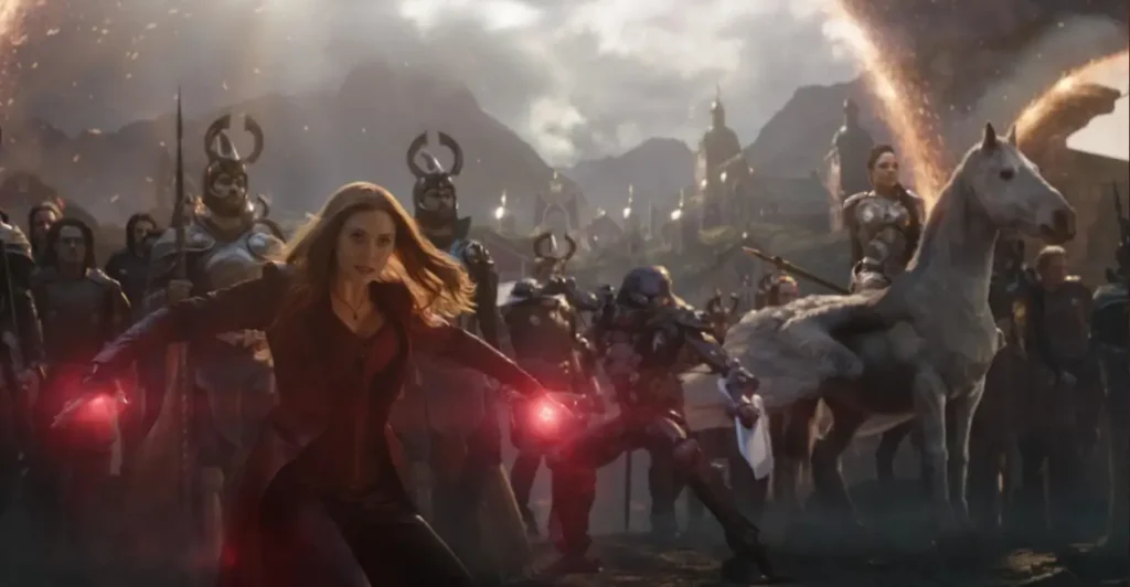 Cena épica de Vingadores: Ultimato (2019), com Wanda Maximoff/Feiticeira Escarlate (Elizabeth Olsen) liderando os aliados ao lado de Valquíria (Tessa Thompson) montada em seu cavalo alado, durante a batalha final contra Thanos — momento icônico do clímax no Universo Cinematográfico da Marvel.