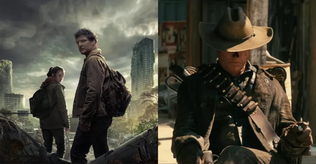 Comparação entre as séries pós-apocalípticas The Last of Us e Fallout, destacando os protagonistas Joel e Ellie diante de ruínas urbanas e um personagem de chapéu no estilo faroeste em cenário desértico.