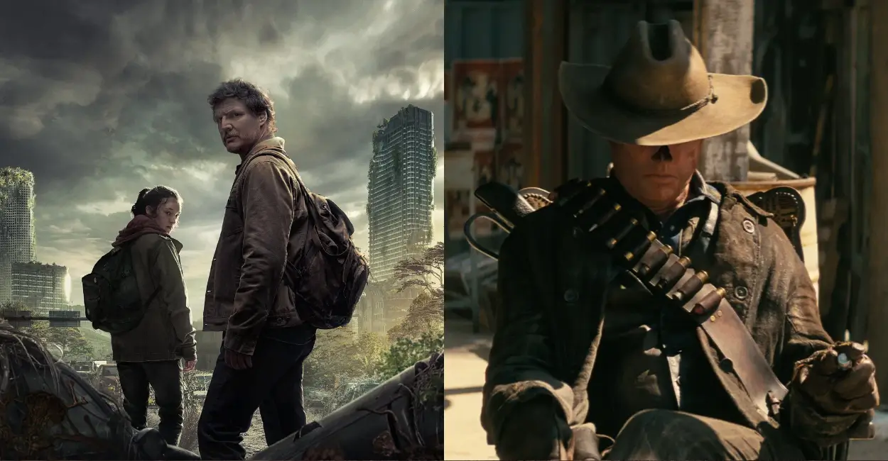 Comparação entre as séries pós-apocalípticas The Last of Us e Fallout, destacando os protagonistas Joel e Ellie diante de ruínas urbanas e um personagem de chapéu no estilo faroeste em cenário desértico.